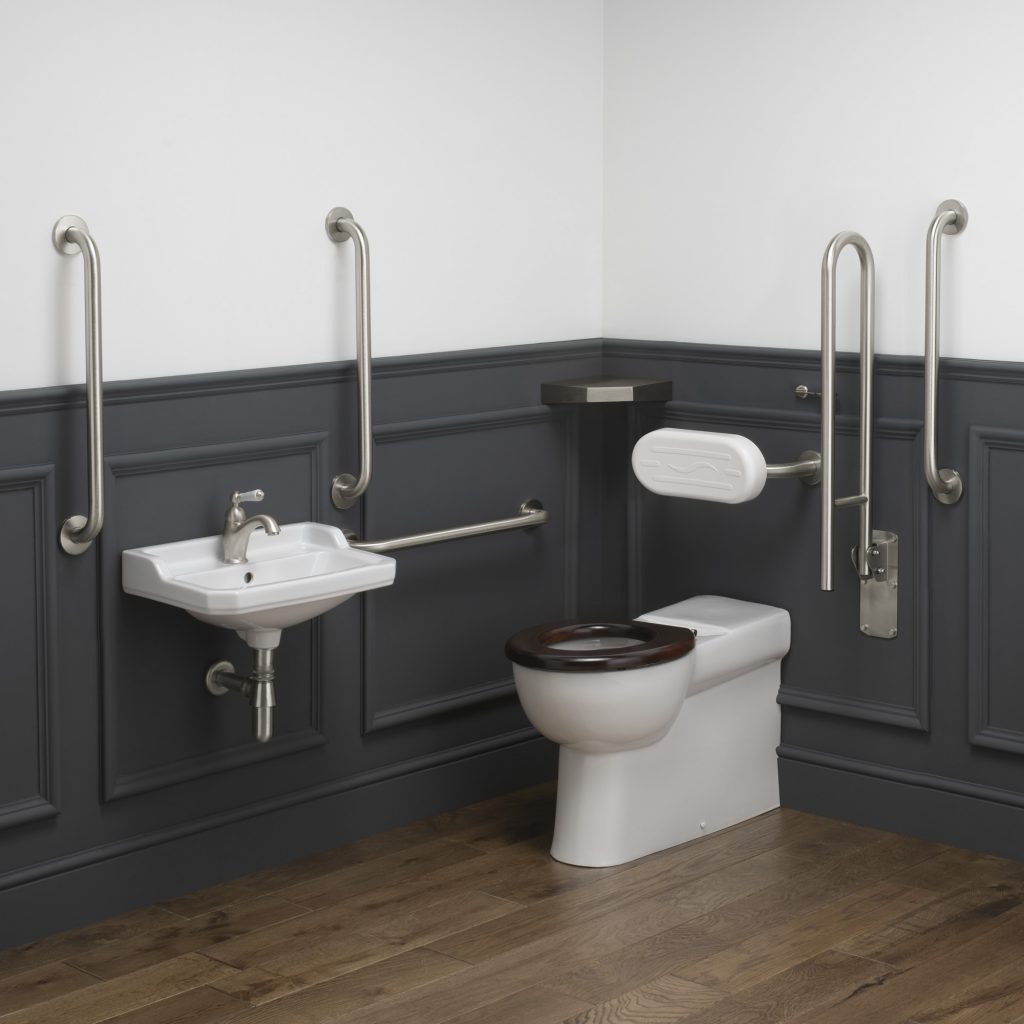 Brushed Nickel White + Paddle Rosed Back to Wall Mahogany Seat Up Colostomy